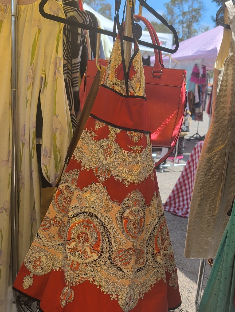 Red Paisley Patterned Tote Bag with Contrast Trim